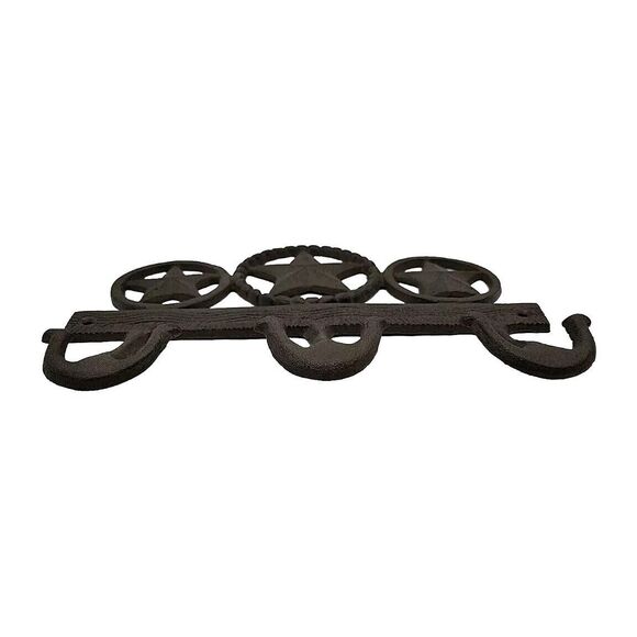 Cast Iron Texas Stars Rings Wall Hook Rack Key Towel Coat Hanger Rustic Brown - Picture 2 of 8